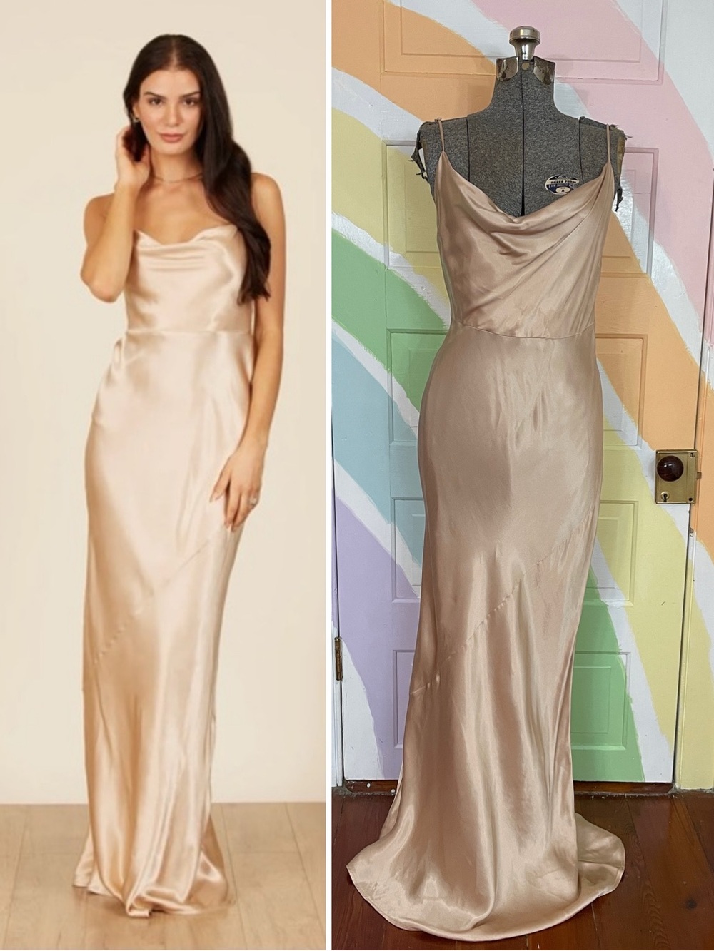 Park and Fifth Belmont Cowl Neck Satin Maxi Slip Dress Champagne Gold Sz M 🧡🎀